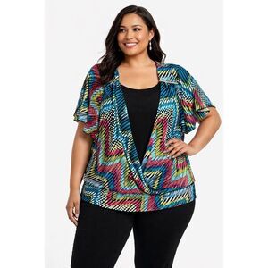 Elementz Plus Size 2X Multicolor Draped V-Neck Short Sleeve Blouse Top